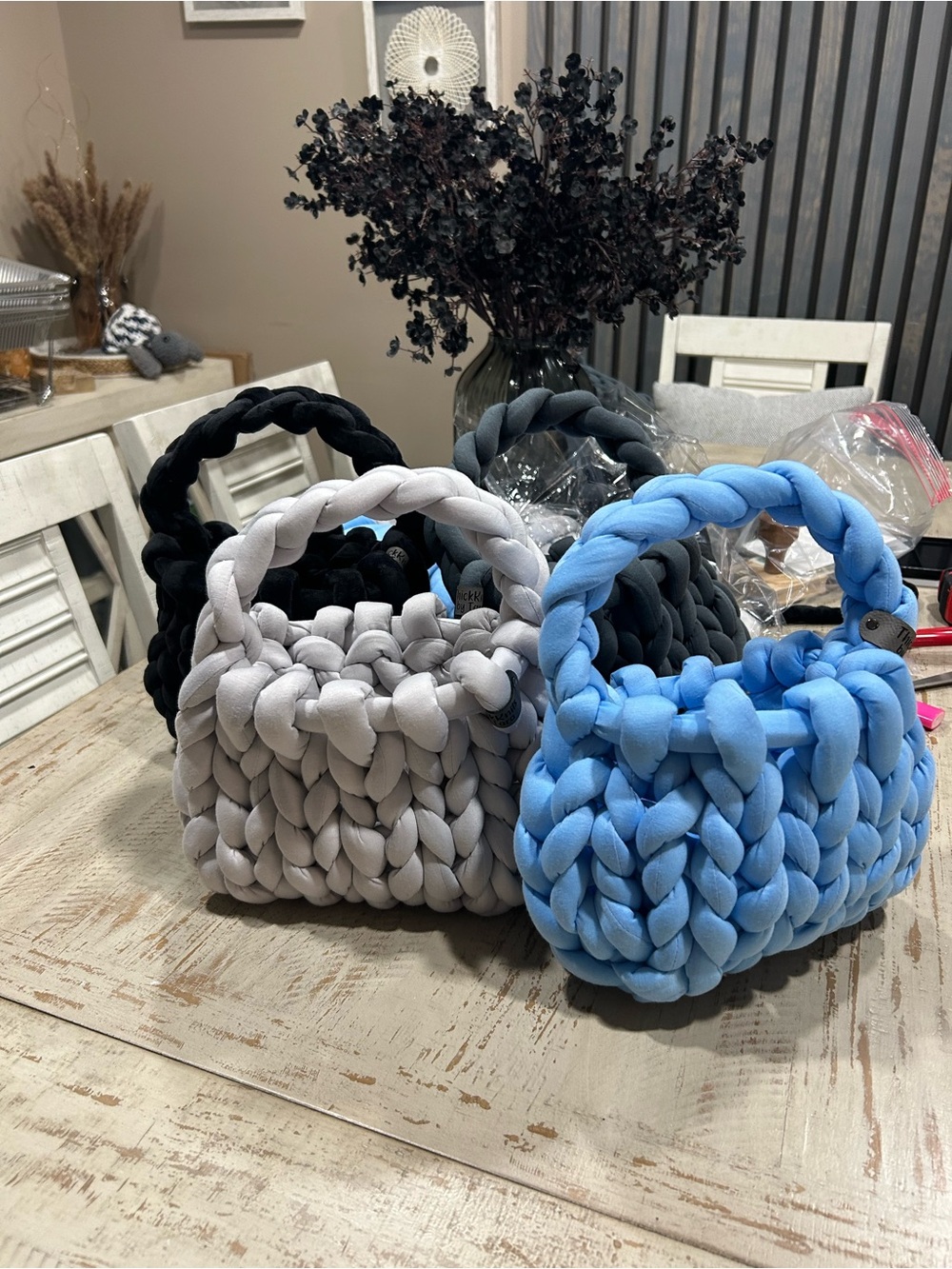 Handwoven Chunky Knit Tote Bag - Light Gray and Sky Blue Options